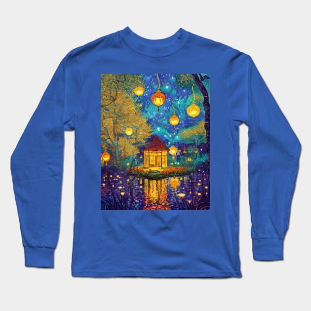 Magic Lantern Lighting Lake Water Pond Reflection Watercolor Long Sleeve T-Shirt by The Little Store Of Magic